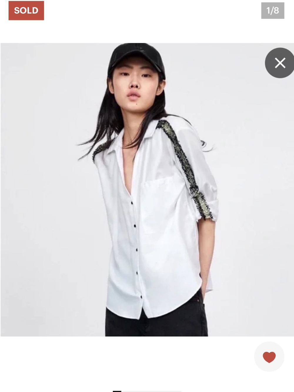 Zara White Button-Down Shirt with Black Sequin Shoulder Stripe